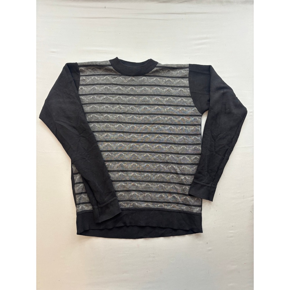 Chereskin Mens XL Sweater Black Patterned Front Knit Long Sleeve Crewneck Vtg